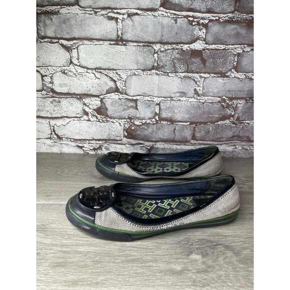 Tory Burch Channing Black Patent Leather Green Gray Canvas Ballet Flats Women 7M - Picture 14 of 16